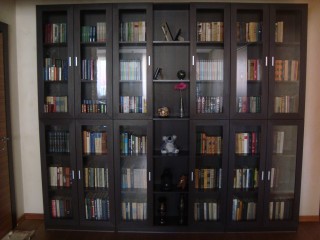 Удобный книжный шкаф. Выполнен: корпус из ЛДСП, фасады(дверки) из рамочного профиля МДФ, вставки - полированное стекло.
